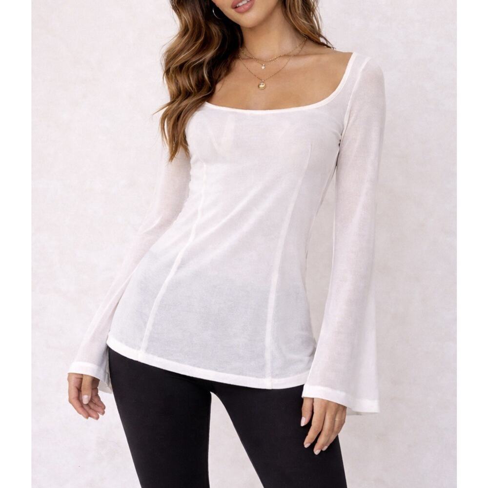 Princess Polly White Sheer Long Sleeve Tunic Top Bell Sleeves Women’s US 8
